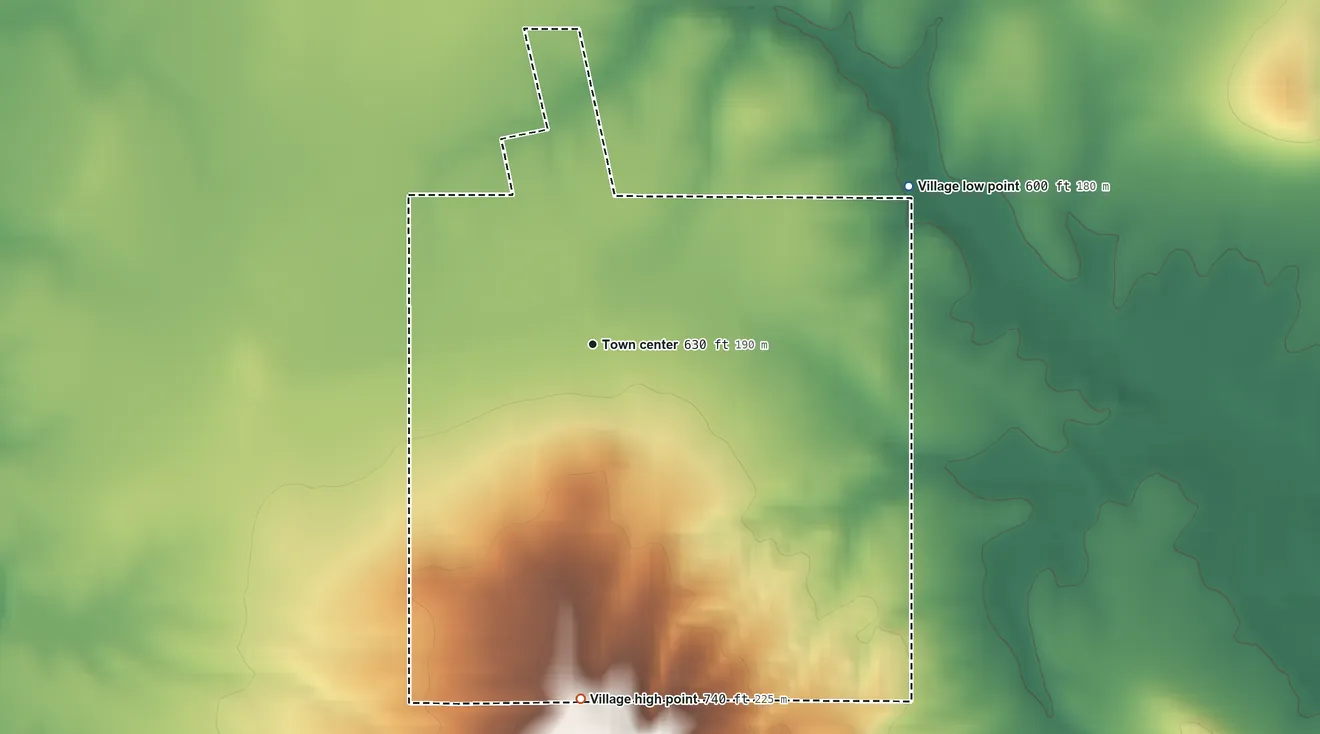 Topographic elevation map of Butler, Illinois, shaded from 600 ft on the northeast side to 740 ft on the south side
