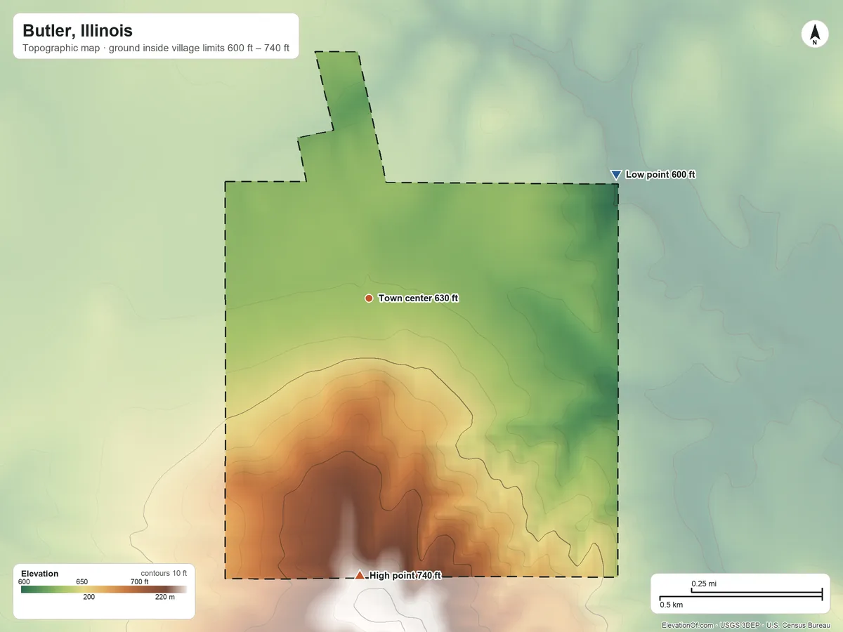 Topographic elevation map of Butler, Illinois, shaded from 600 ft on the northeast side to 740 ft on the south side