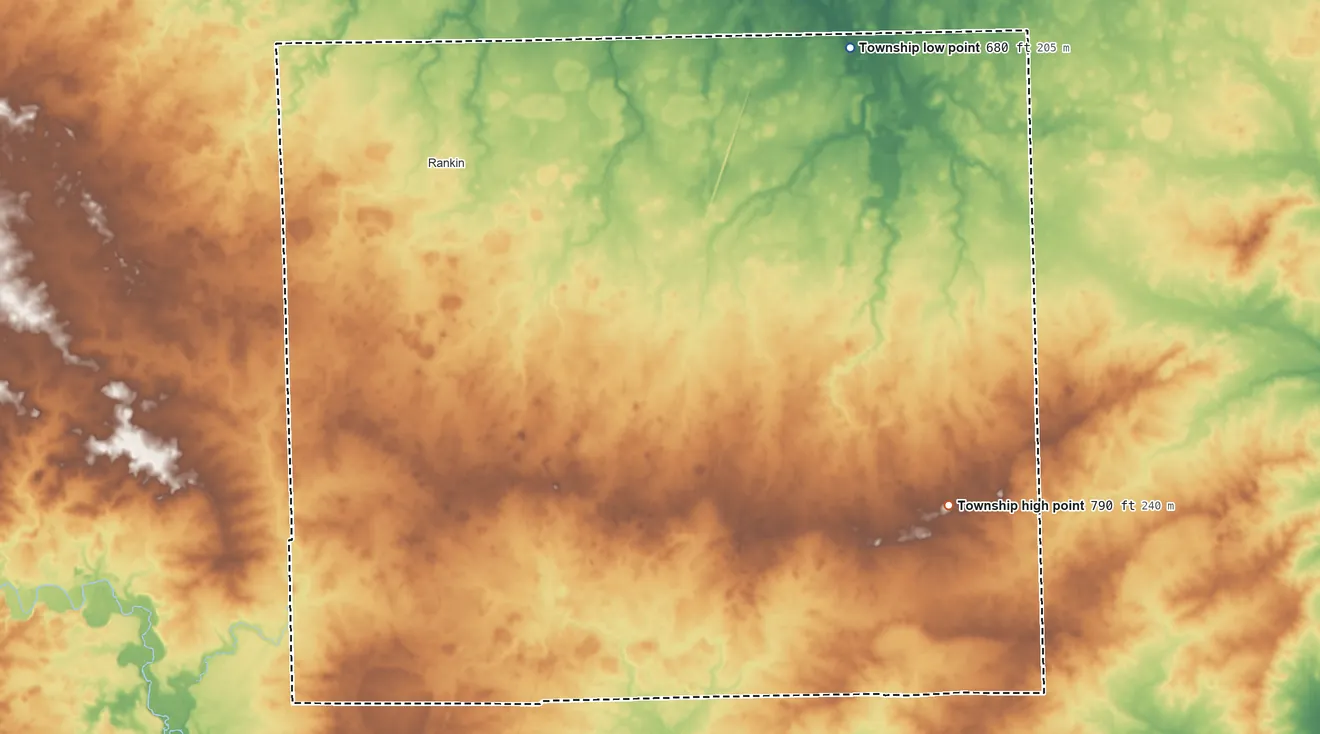 Topographic elevation map of Butler Township, Illinois, shaded from 680 ft on the east side to 790 ft on the southeast side