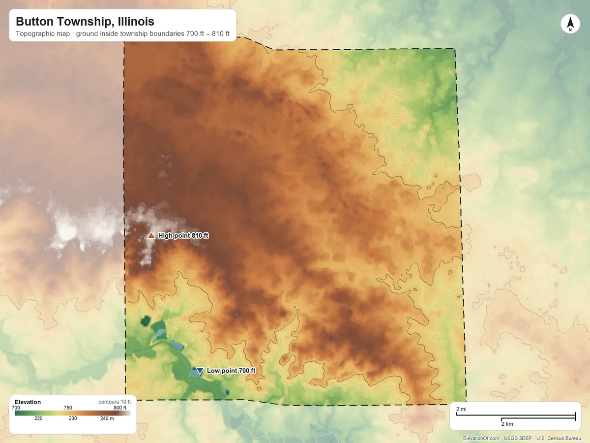 Topographic elevation map of Button Township, Illinois, shaded from 700 ft on the southwest side to 810 ft on the west side