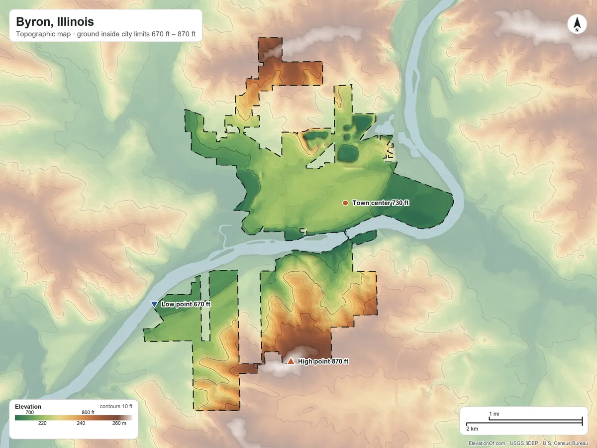 Topographic elevation map of Byron, Illinois, shaded from 670 ft on the southwest side to 870 ft on the south side