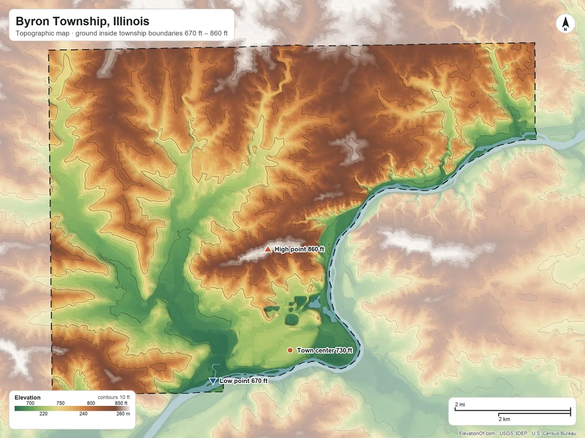 Topographic elevation map of Byron Township, Illinois, shaded from 670 ft on the west side to 860 ft on the north side