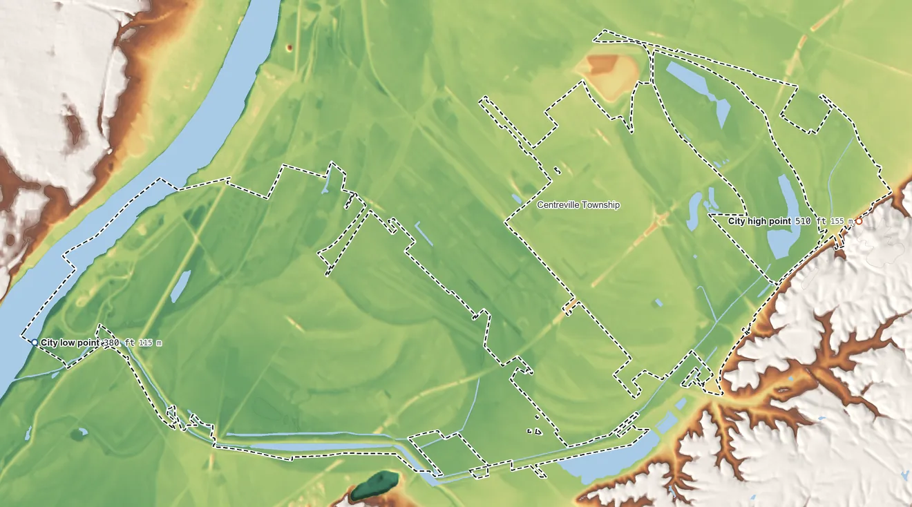 Topographic elevation map of Cahokia Heights, Illinois, shaded from 380 ft on the west side to 510 ft on the east edge, below higher ground just outside
