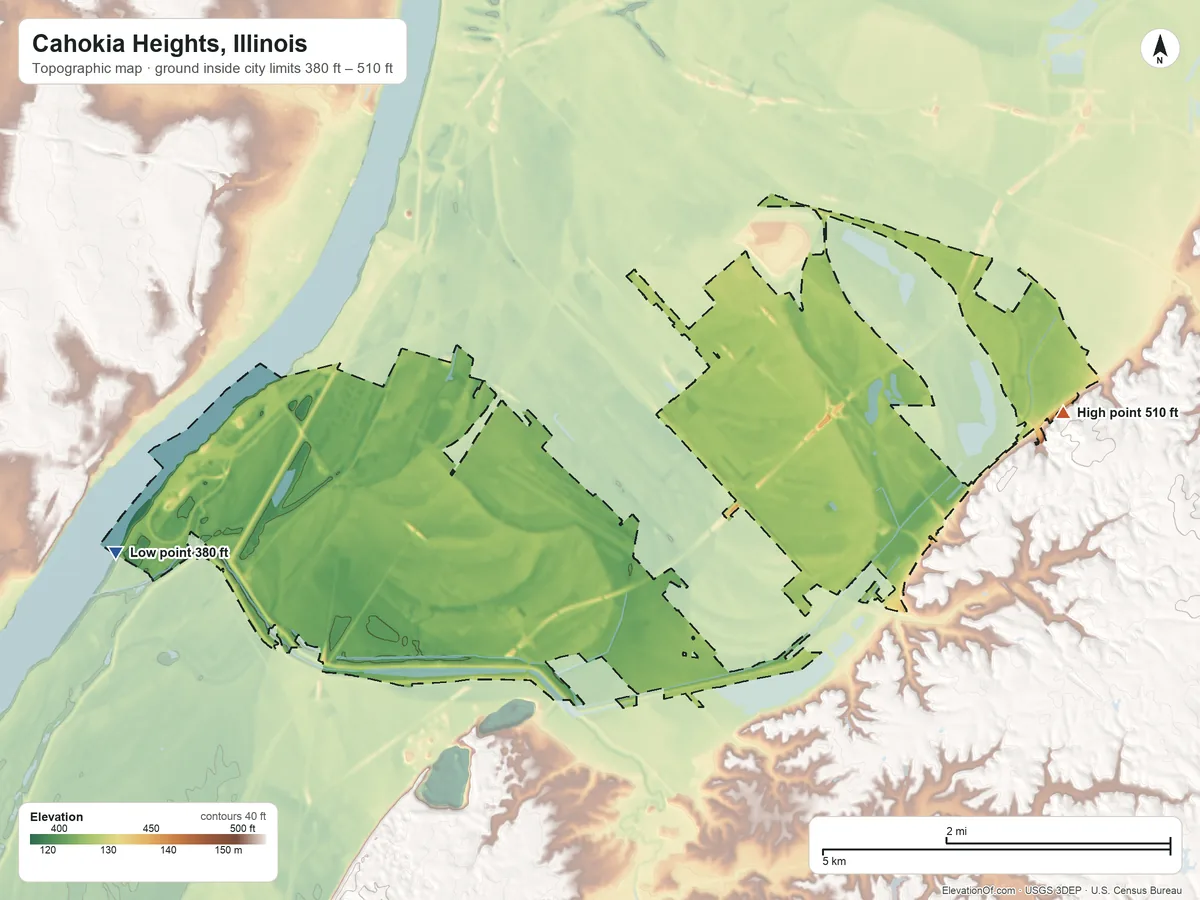 Topographic elevation map of Cahokia Heights, Illinois, shaded from 380 ft on the west side to 510 ft on the east edge, below higher ground just outside