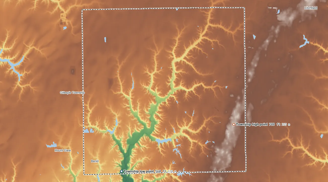 Topographic elevation map of Cahokia Township, Illinois, shaded from 560 ft on the south side to 700 ft on the east side