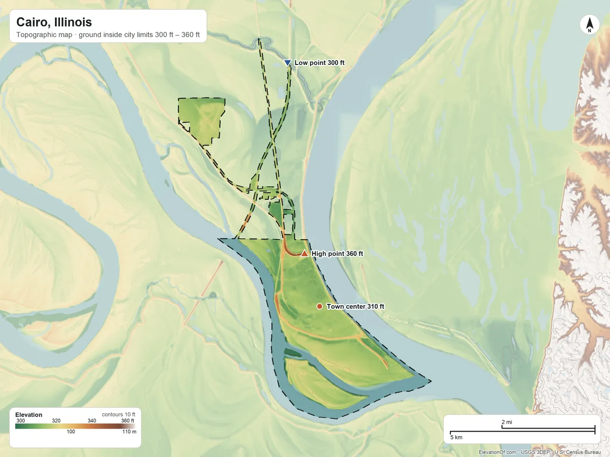 Topographic elevation map of Cairo, Illinois, shaded from 300 ft on the north side to 360 ft on the north side