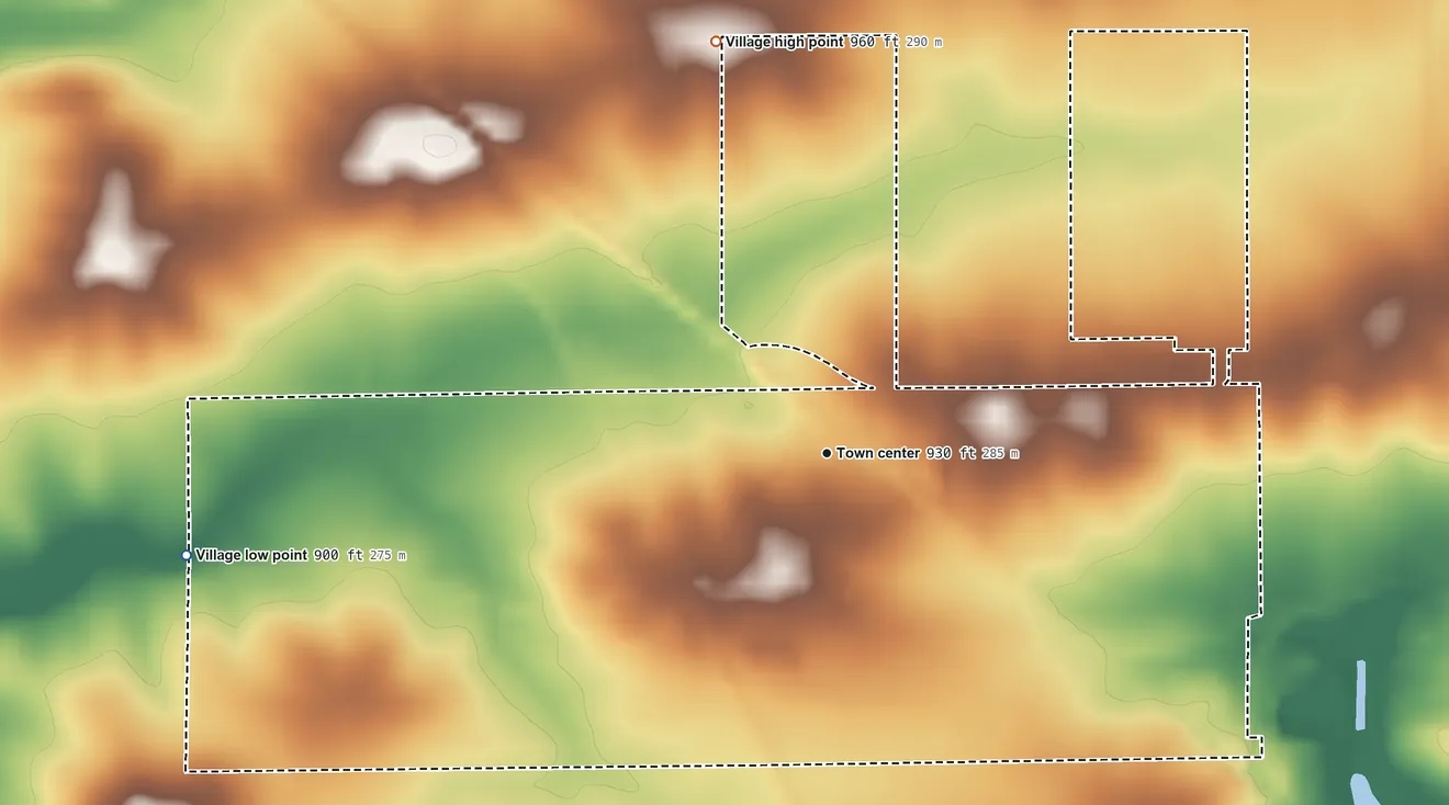 Topographic elevation map of Caledonia, Illinois, shaded from 900 ft on the west side to 960 ft on the north side