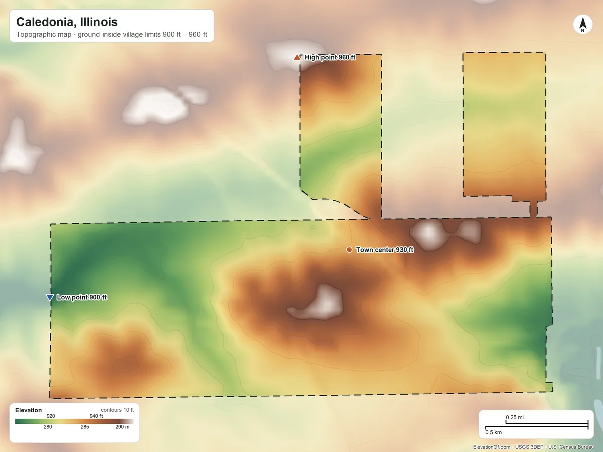Topographic elevation map of Caledonia, Illinois, shaded from 900 ft on the west side to 960 ft on the north side
