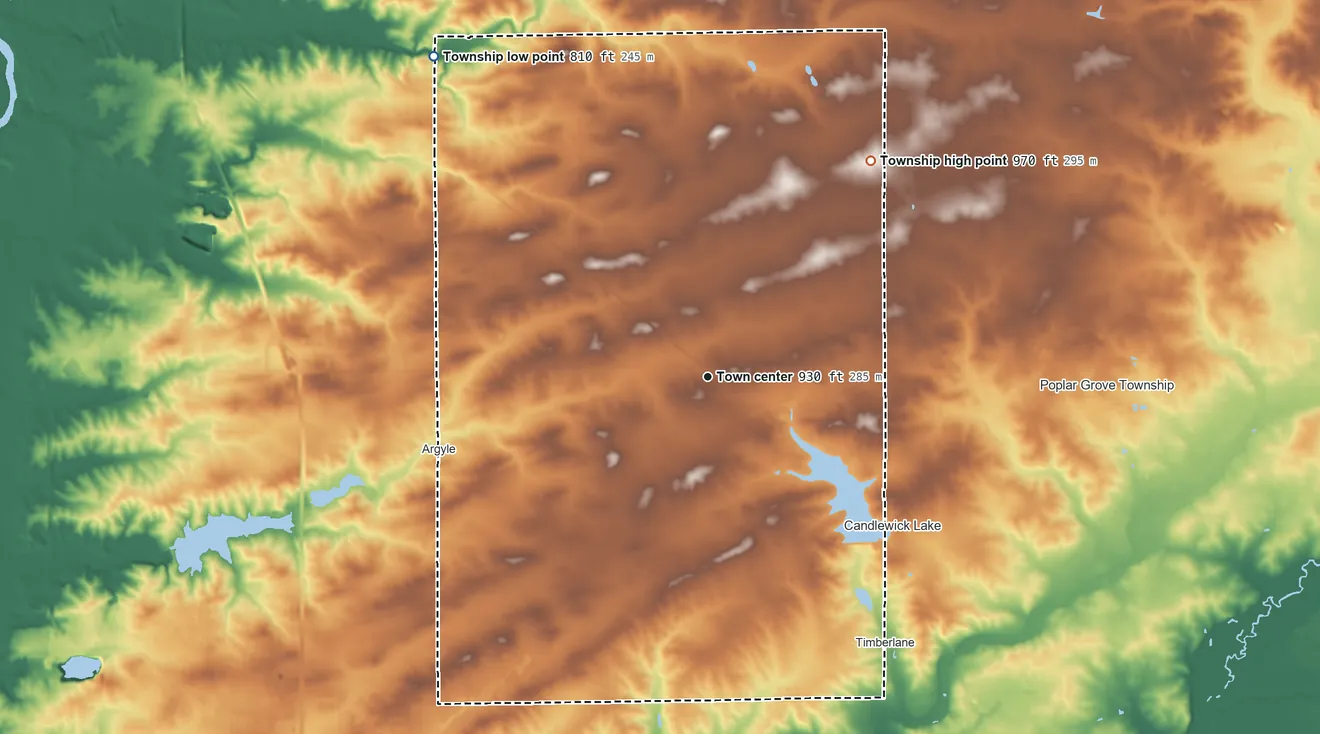 Topographic elevation map of Caledonia Township, Illinois, shaded from 810 ft on the northwest side to 970 ft on the northeast side