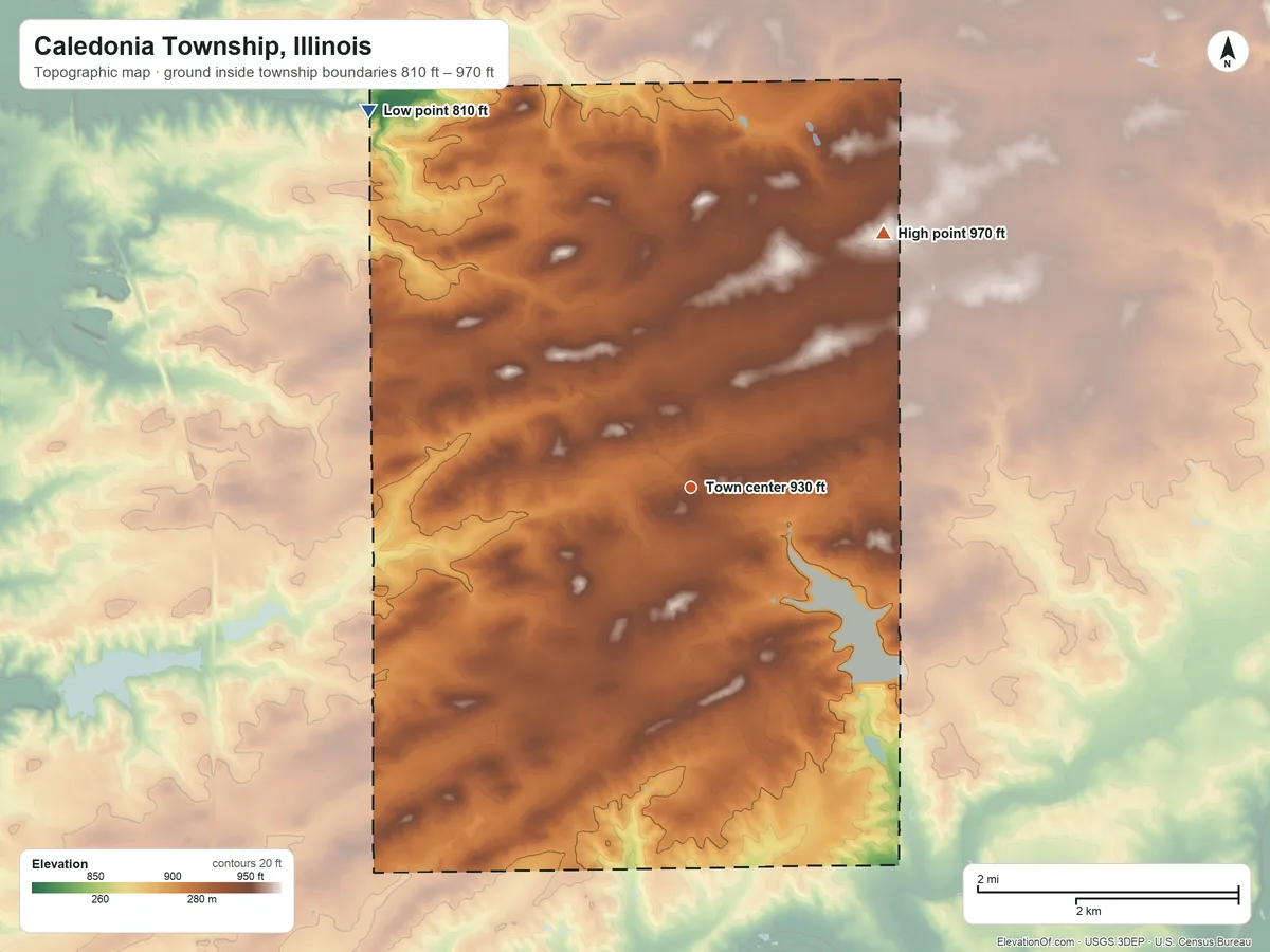 Topographic elevation map of Caledonia Township, Illinois, shaded from 810 ft on the northwest side to 970 ft on the northeast side