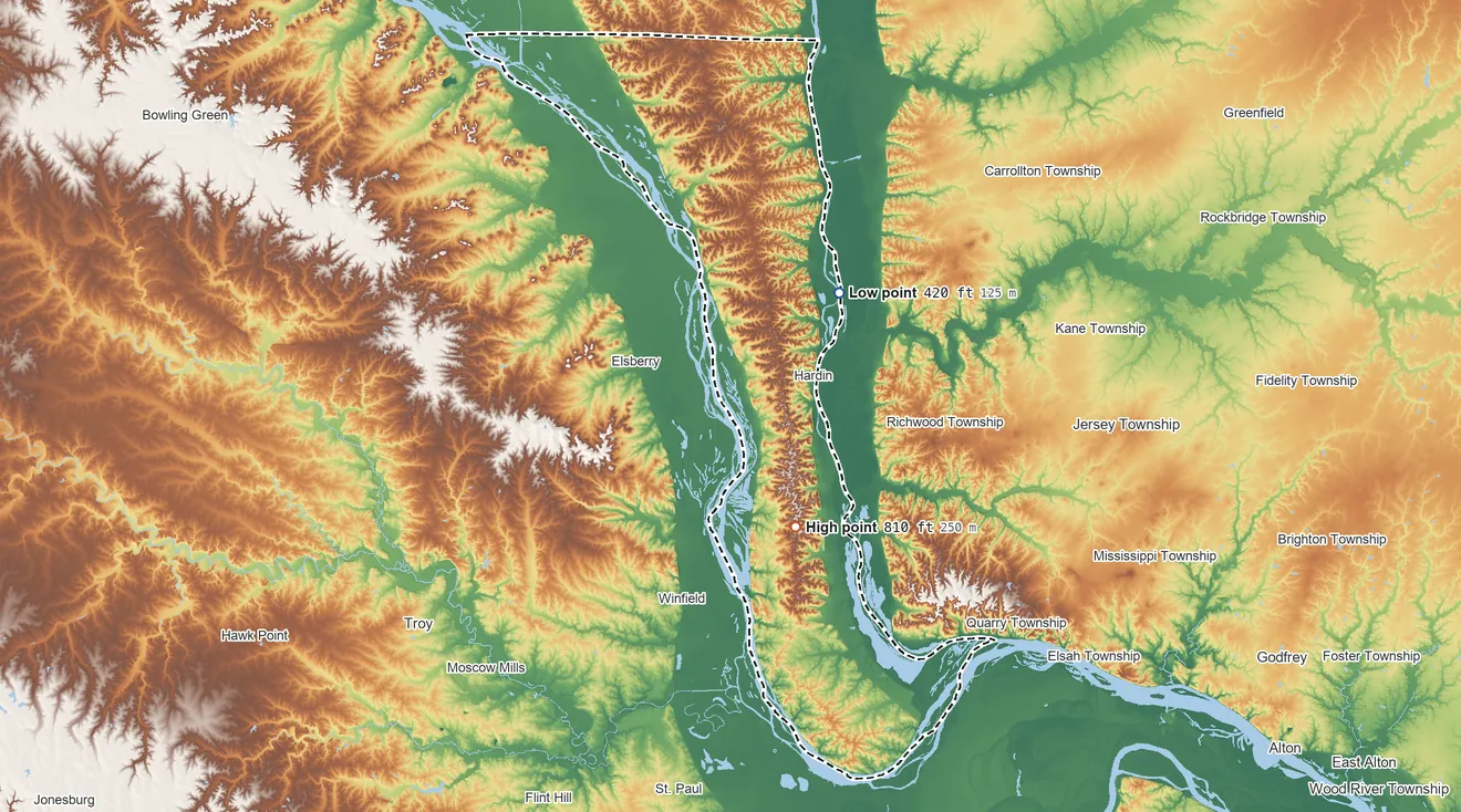 Topographic elevation map of Calhoun County, Illinois, shaded from 420 ft on the northeast side to 810 ft on the southeast side