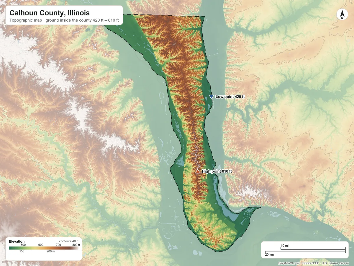 Topographic elevation map of Calhoun County, Illinois, shaded from 420 ft on the northeast side to 810 ft on the southeast side