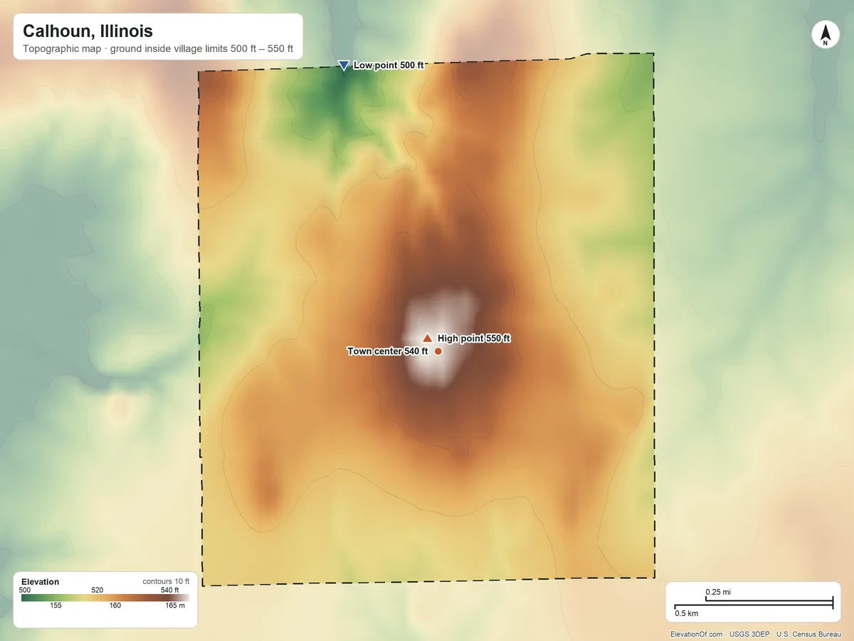 Topographic elevation map of Calhoun, Illinois, shaded from 500 ft on the north side to 550 ft near the middle