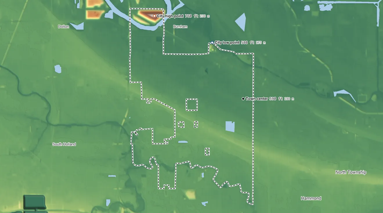 Topographic elevation map of Calumet City, Illinois, shaded from 580 ft on the northwest side to 760 ft on the northwest side