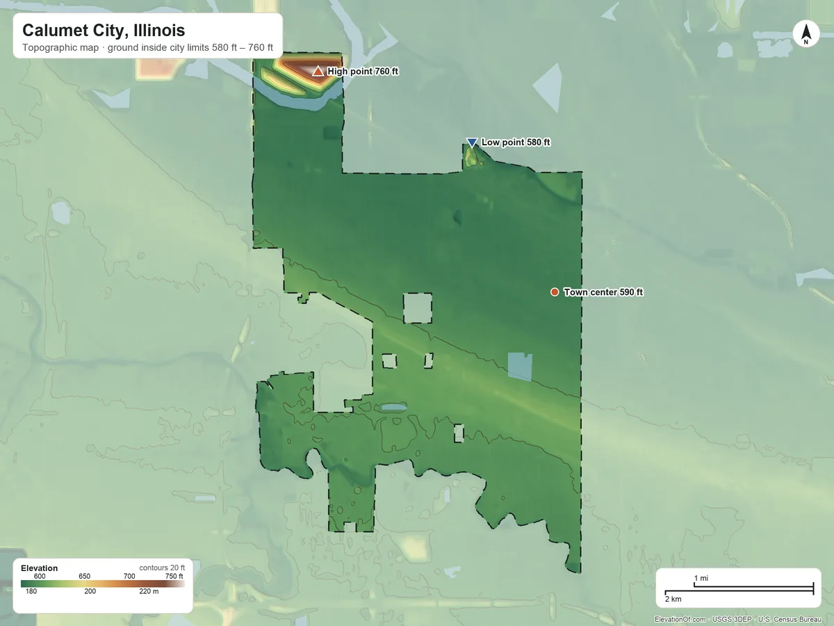 Topographic elevation map of Calumet City, Illinois, shaded from 580 ft on the northwest side to 760 ft on the northwest side