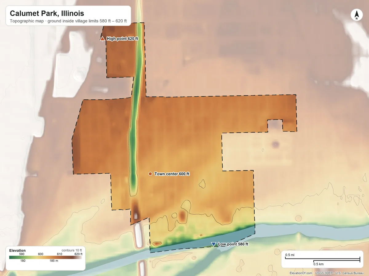 Topographic elevation map of Calumet Park, Illinois, shaded from 580 ft on the southeast side to 620 ft on the north side