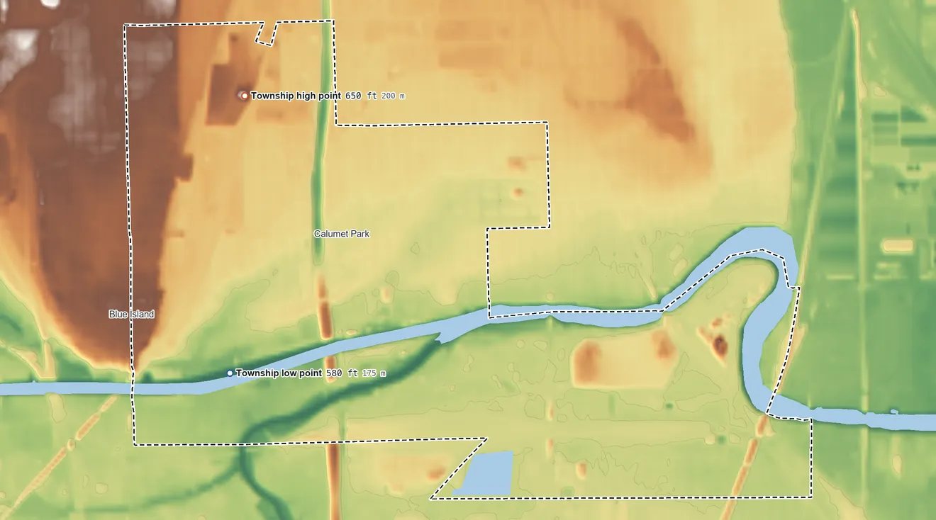 Topographic elevation map of Calumet Township, Illinois, shaded from 580 ft on the southwest side to 650 ft on the north side