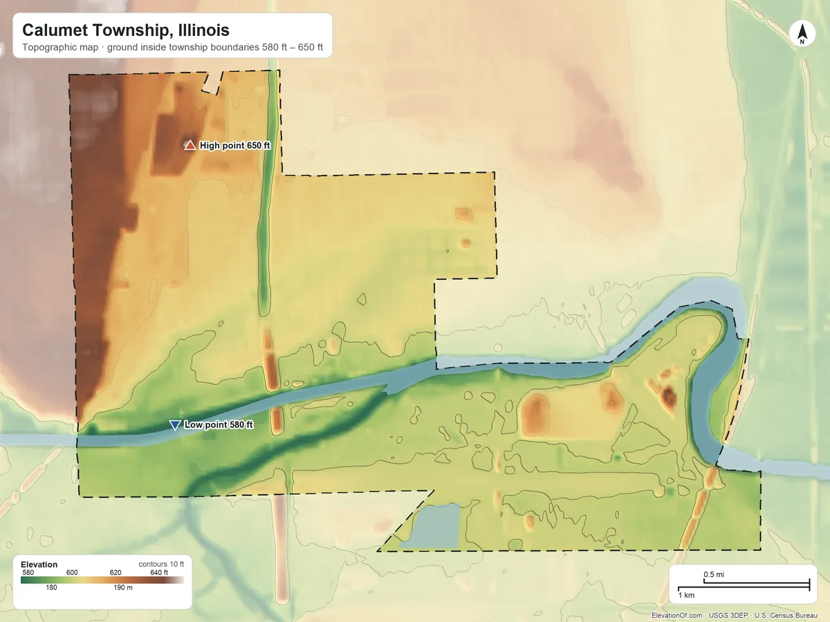 Topographic elevation map of Calumet Township, Illinois, shaded from 580 ft on the southwest side to 650 ft on the north side