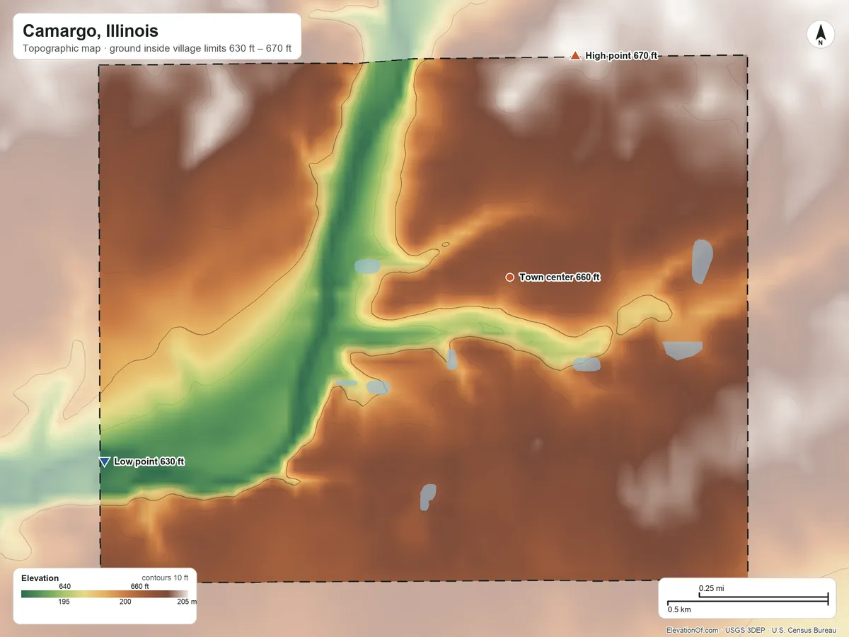 Topographic elevation map of Camargo, Illinois, shaded from 630 ft on the southwest side to 670 ft on the north side