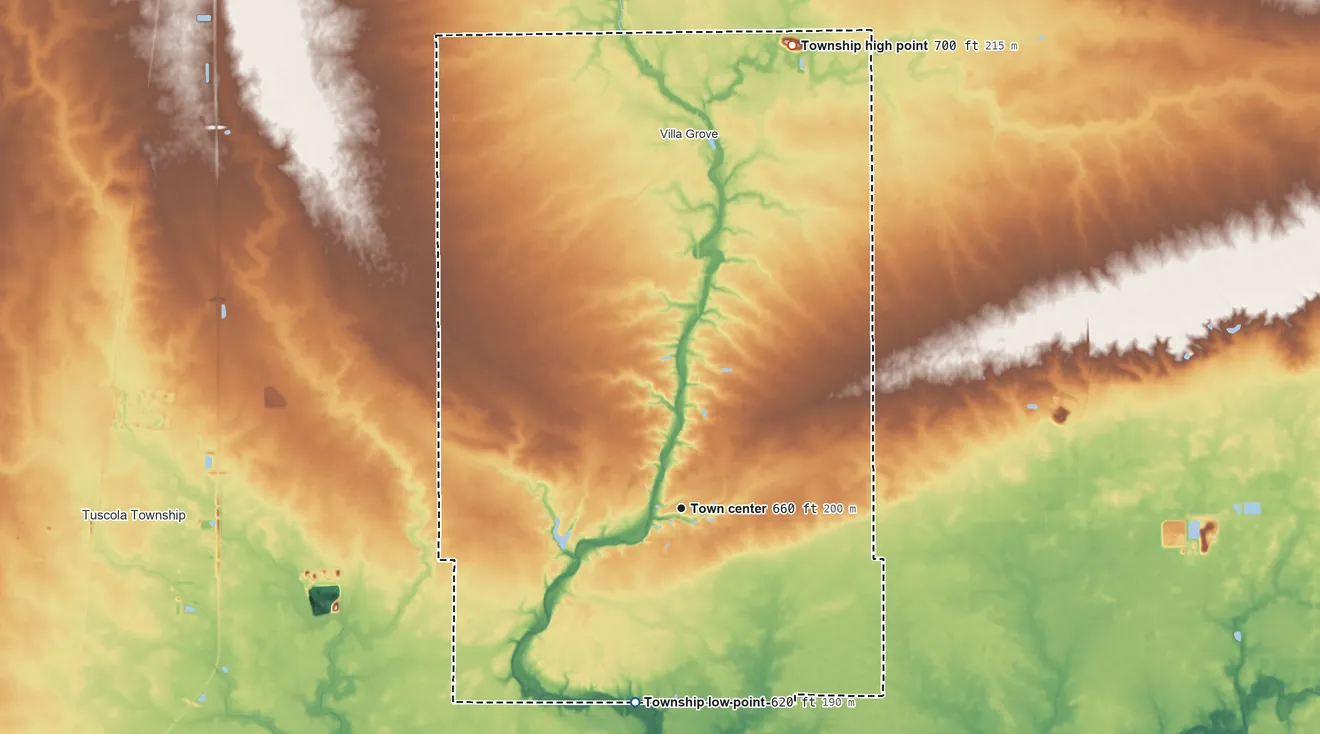 Topographic elevation map of Camargo Township, Illinois, shaded from 620 ft on the south side to 700 ft on the north side