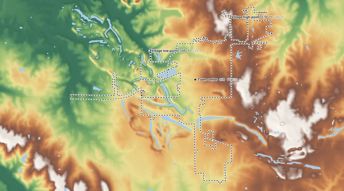 Topographic elevation map of Cambria, Illinois, shaded from 380 ft on the northwest side to 470 ft on the northeast side