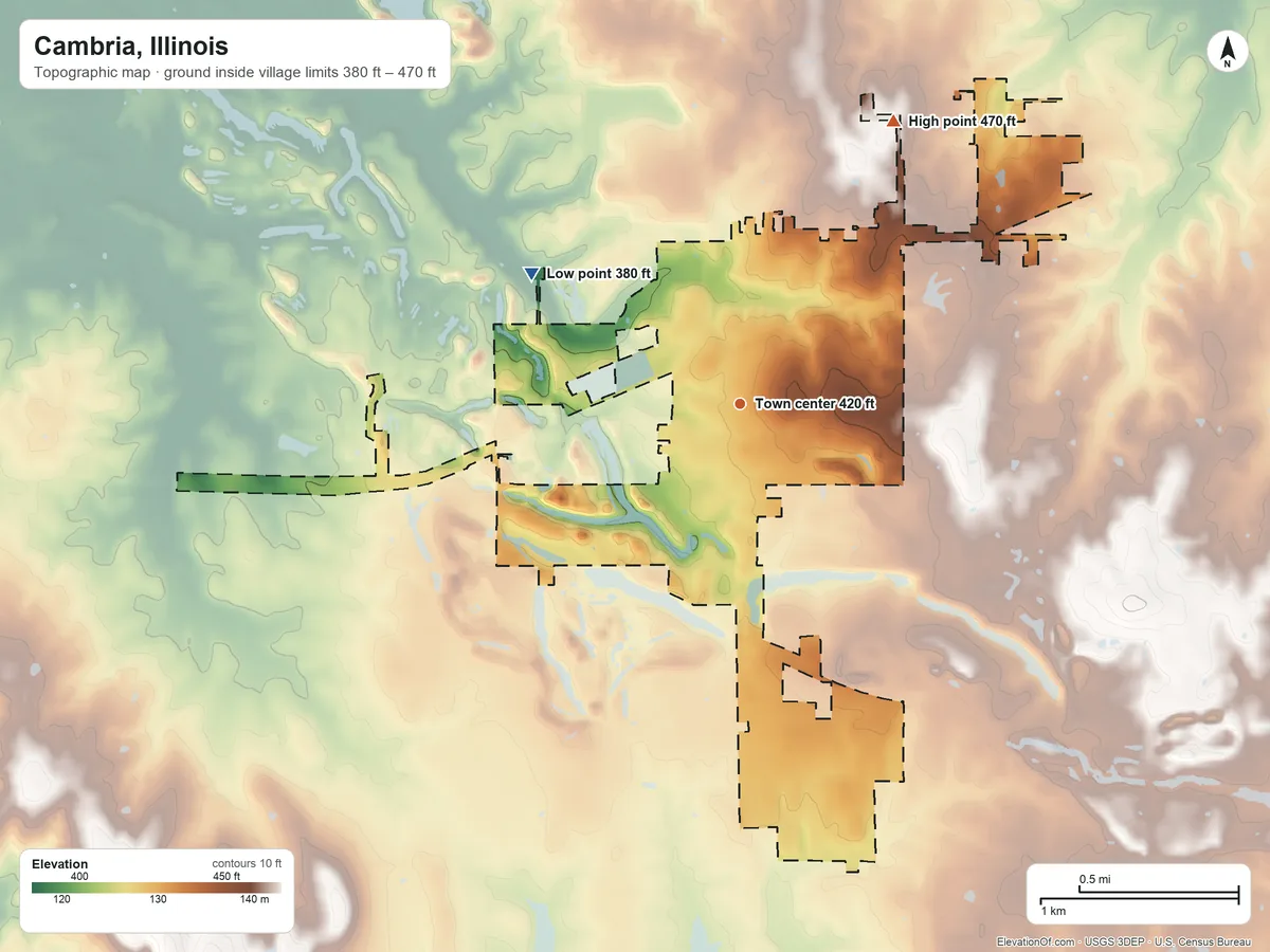 Topographic elevation map of Cambria, Illinois, shaded from 380 ft on the northwest side to 470 ft on the northeast side