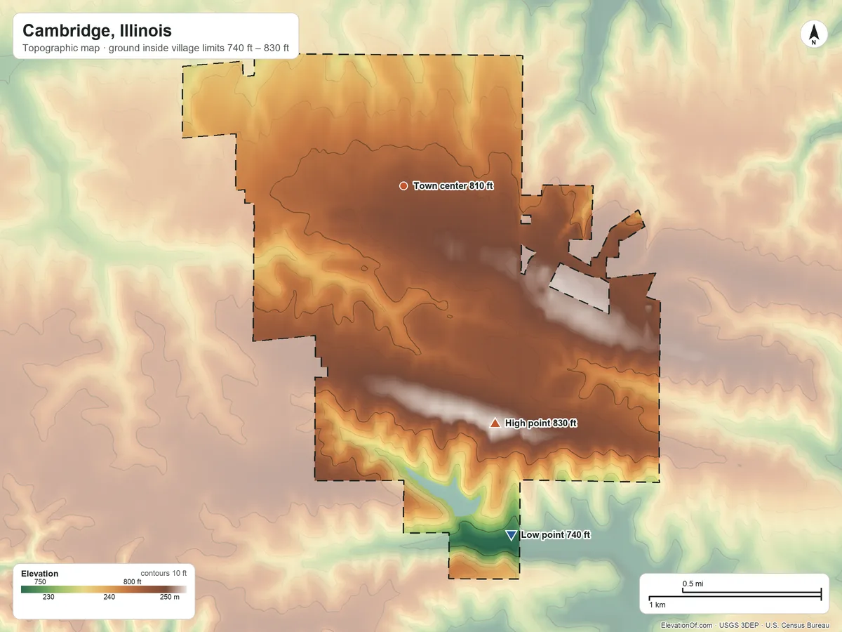 Topographic elevation map of Cambridge, Illinois, shaded from 740 ft on the south side to 830 ft on the south side