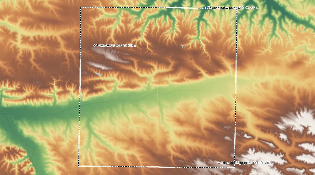 Topographic elevation map of Cambridge Township, Illinois, shaded from 680 ft on the east side to 830 ft on the southeast side