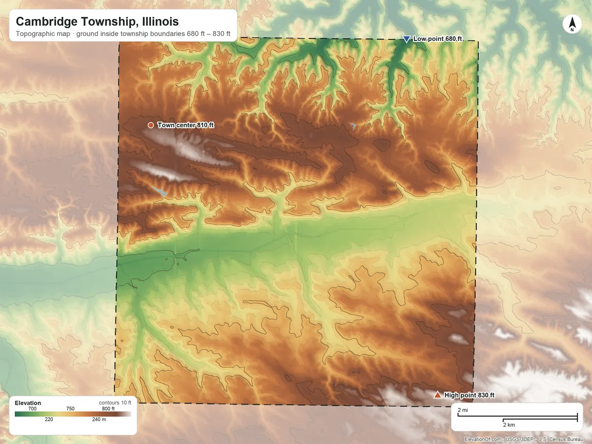 Topographic elevation map of Cambridge Township, Illinois, shaded from 680 ft on the east side to 830 ft on the southeast side