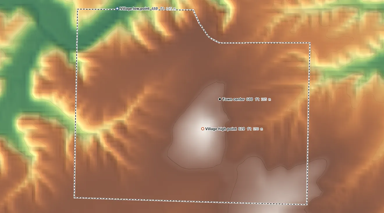 Topographic elevation map of Camden, Illinois, shaded from 480 ft on the northwest side to 620 ft on the southwest side
