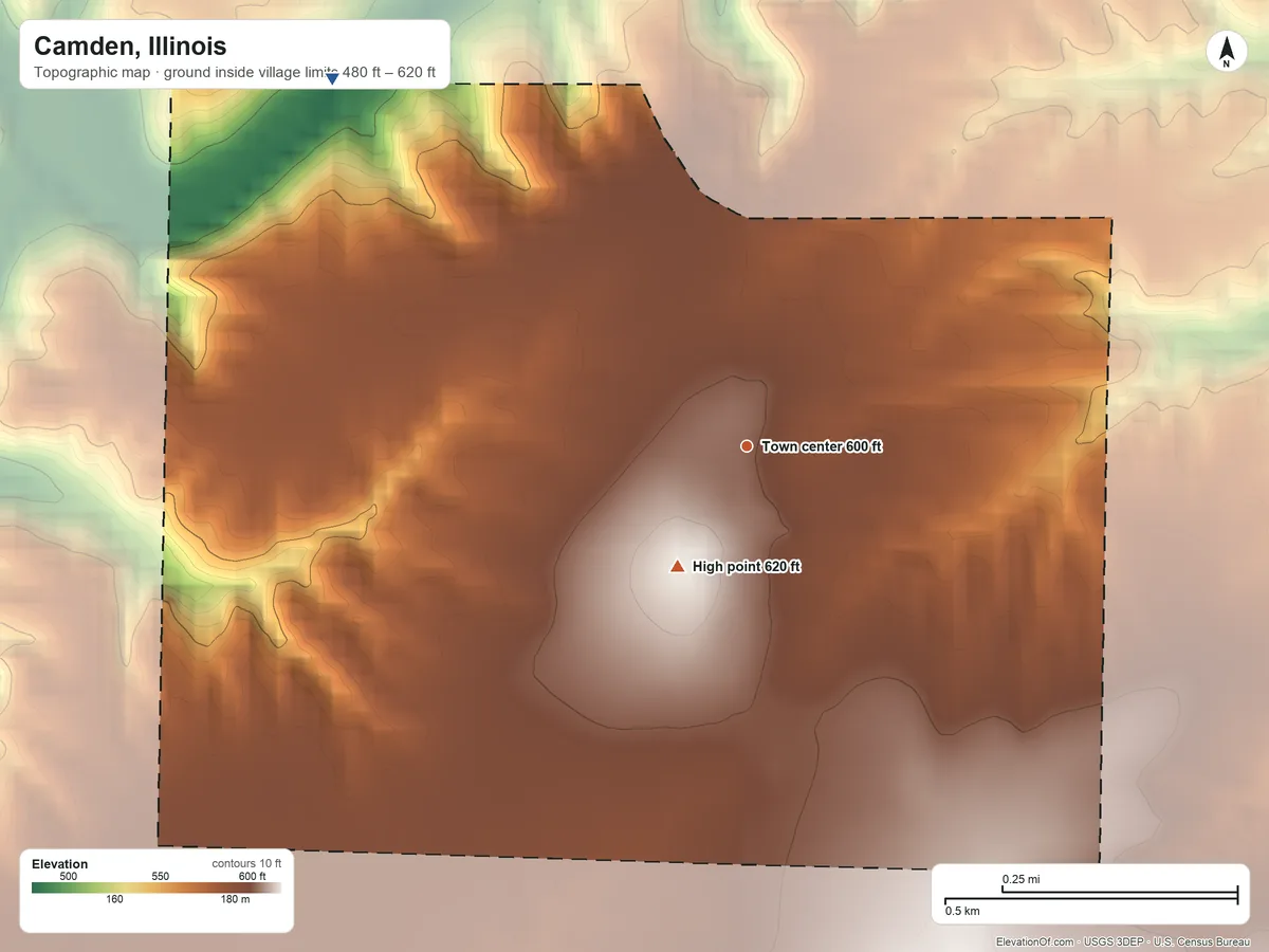 Topographic elevation map of Camden, Illinois, shaded from 480 ft on the northwest side to 620 ft on the southwest side