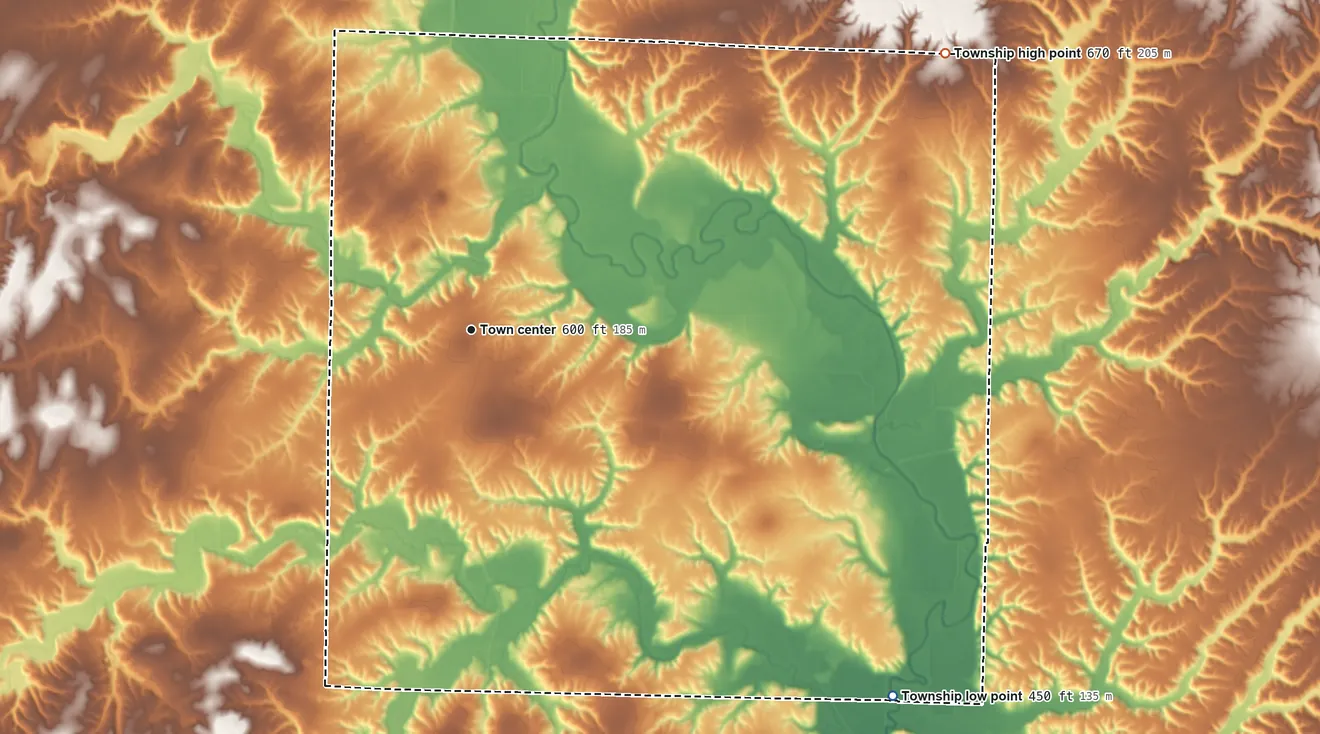 Topographic elevation map of Camden Township, Illinois, shaded from 450 ft on the southeast side to 670 ft on the northeast side