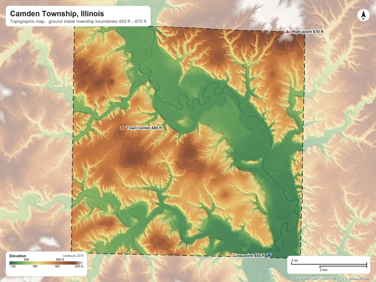 Topographic elevation map of Camden Township, Illinois, shaded from 450 ft on the southeast side to 670 ft on the northeast side