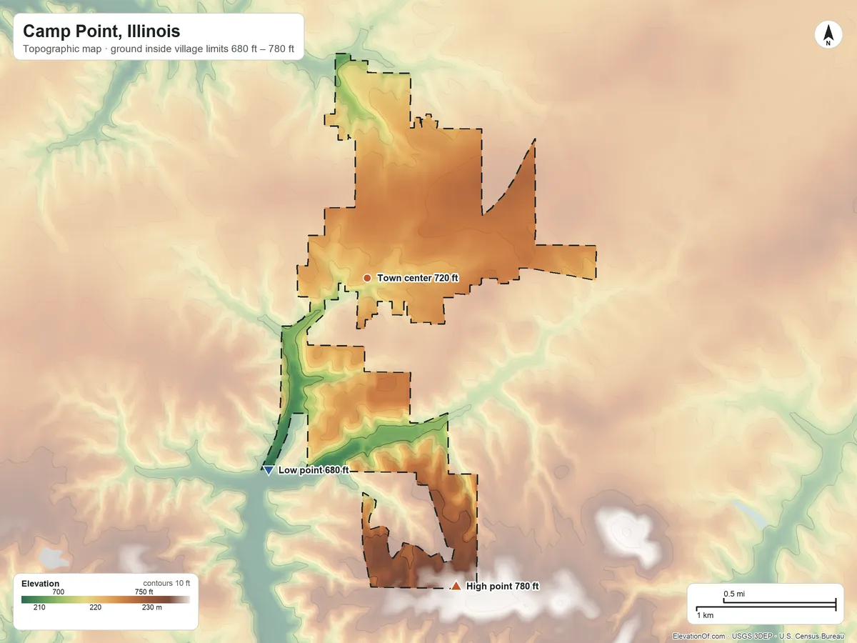 Topographic elevation map of Camp Point, Illinois, shaded from 680 ft on the southwest side to 780 ft on the south side