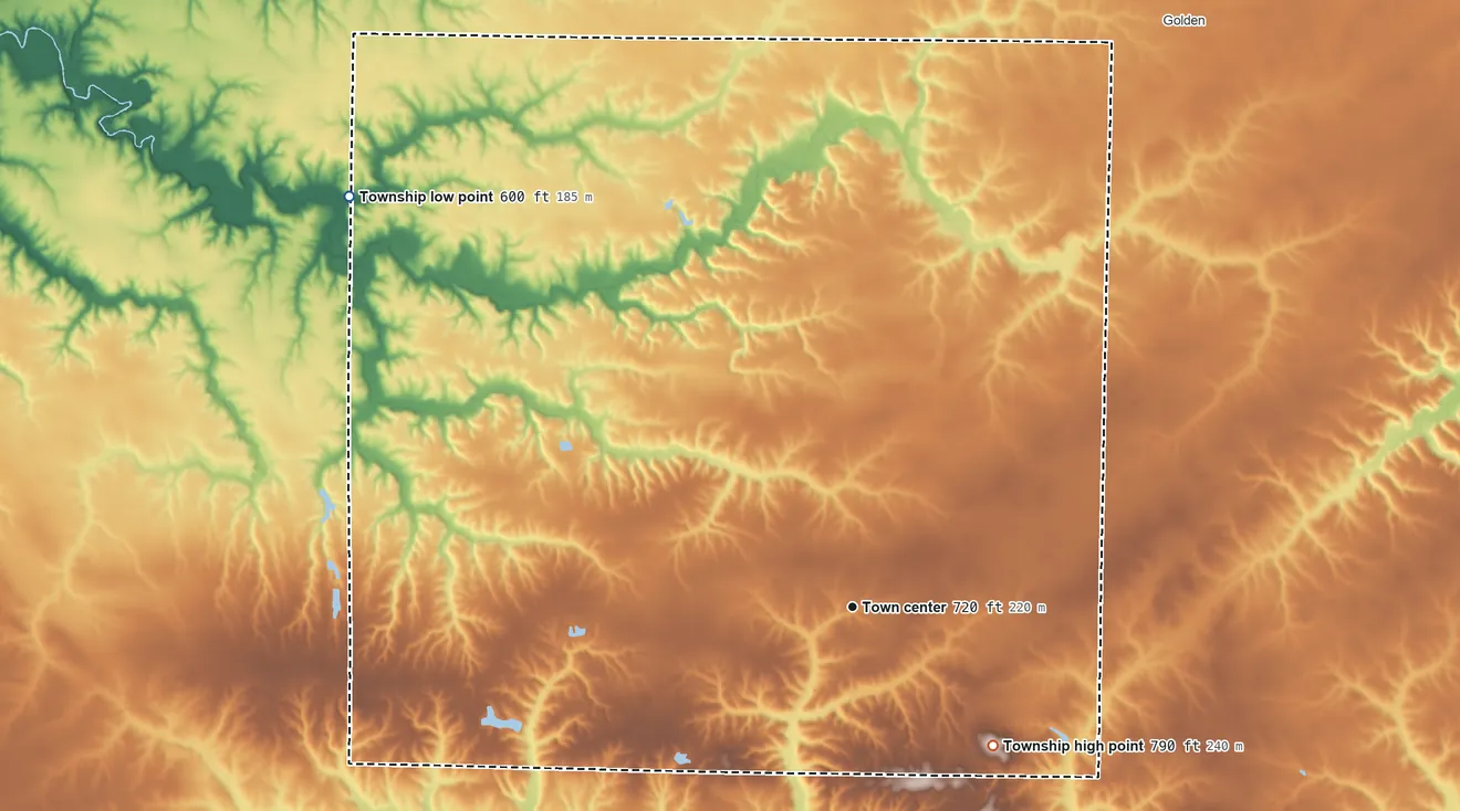 Topographic elevation map of Camp Point Township, Illinois, shaded from 600 ft on the northwest side to 790 ft on the southeast side