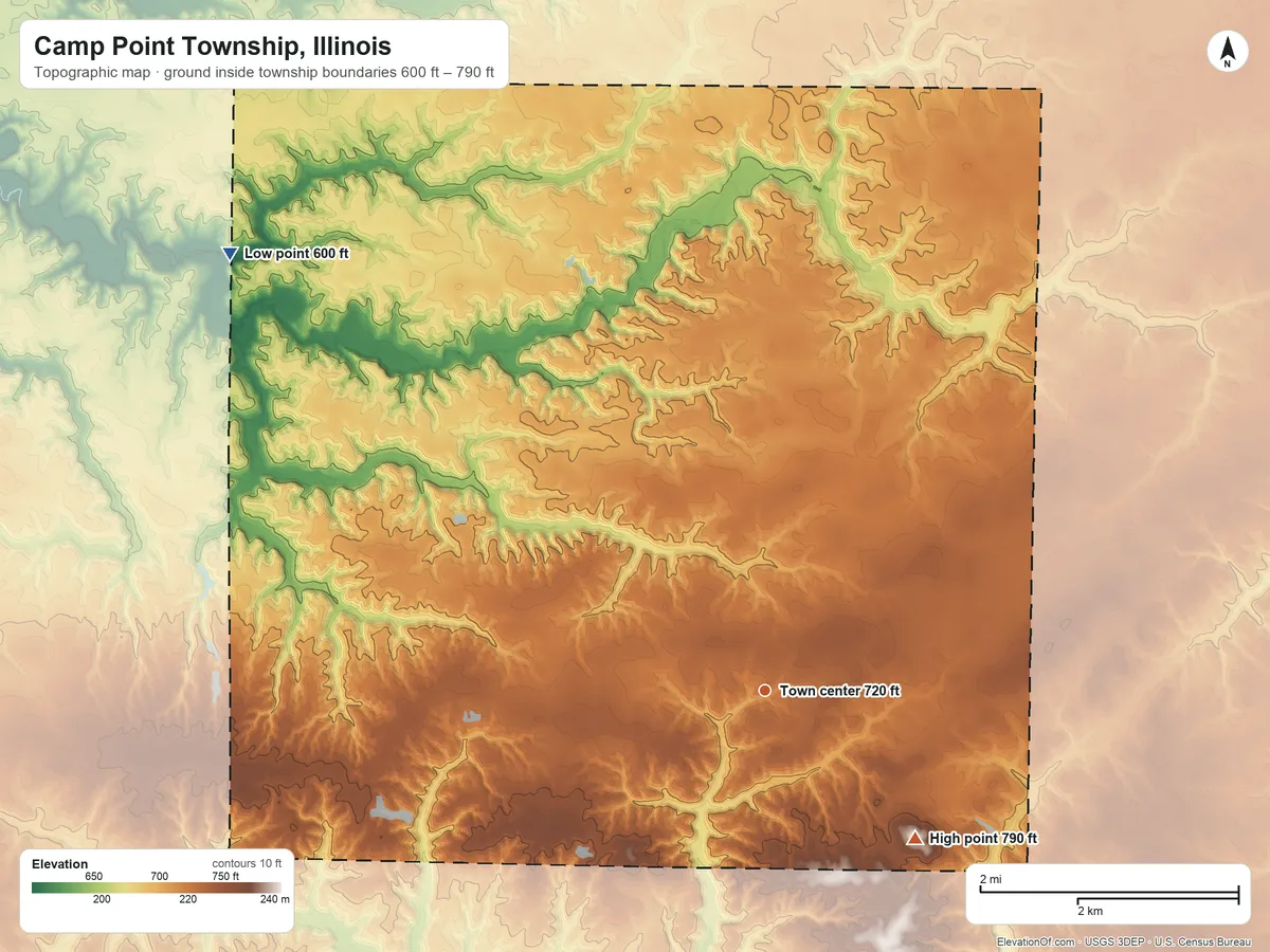 Topographic elevation map of Camp Point Township, Illinois, shaded from 600 ft on the northwest side to 790 ft on the southeast side