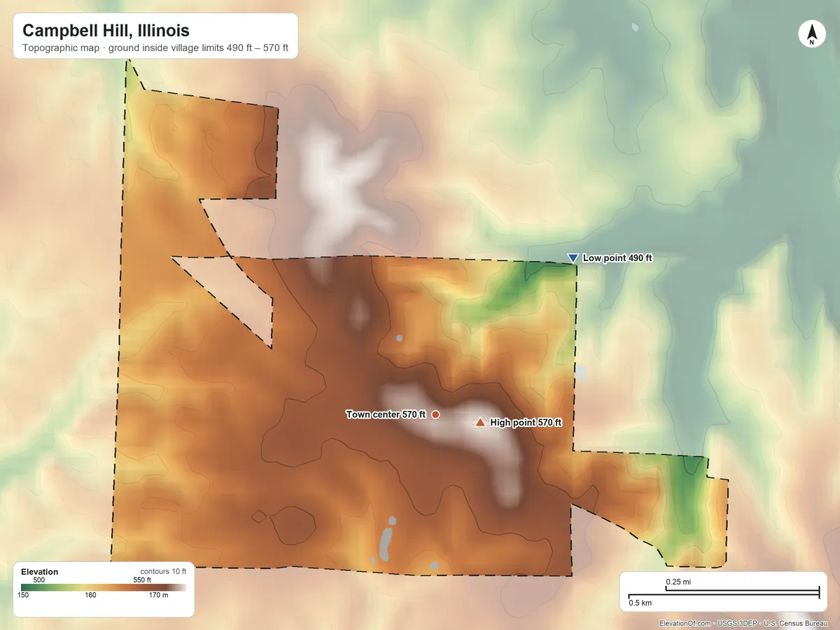 Topographic elevation map of Campbell Hill, Illinois, shaded from 490 ft on the northeast side to 570 ft near the middle