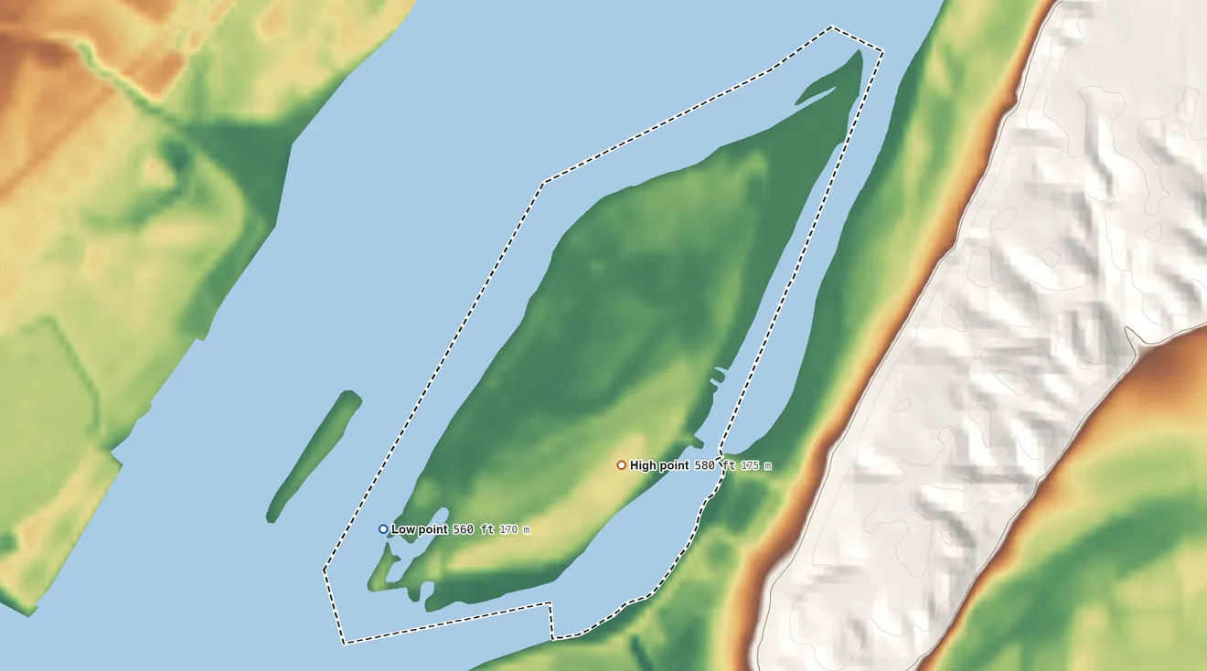 Topographic elevation map of Campbell's Island, Illinois, shaded from 560 ft on the southwest side to 580 ft on the south side