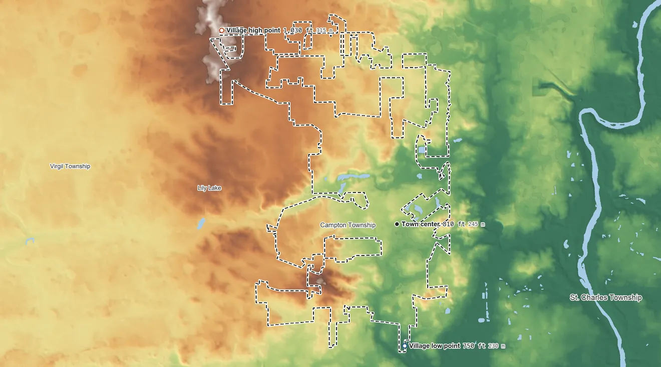 Topographic elevation map of Campton Hills, Illinois, shaded from 750 ft on the south side to 1,030 ft on the northwest side