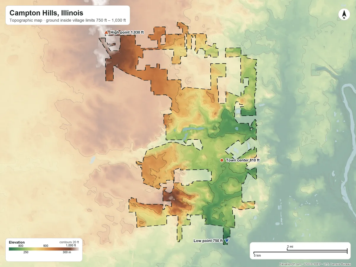 Topographic elevation map of Campton Hills, Illinois, shaded from 750 ft on the south side to 1,030 ft on the northwest side