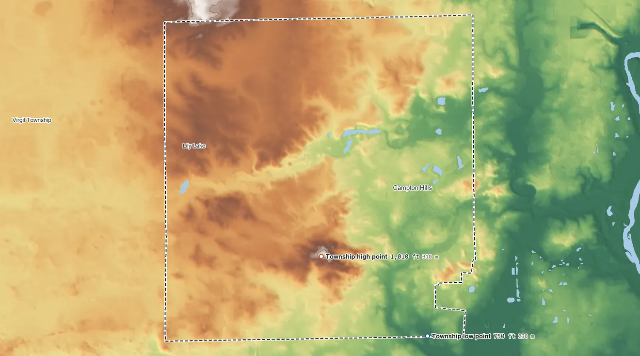 Topographic elevation map of Campton Township, Illinois, shaded from 750 ft on the southeast side to 1,010 ft on the southwest side