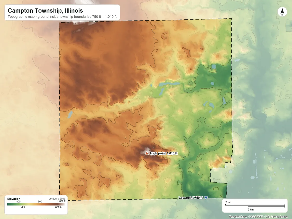 Topographic elevation map of Campton Township, Illinois, shaded from 750 ft on the southeast side to 1,010 ft on the southwest side