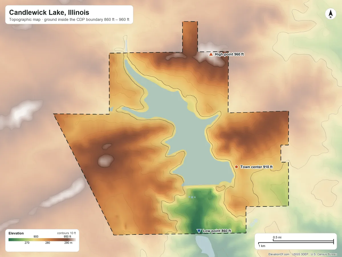 Topographic elevation map of Candlewick Lake, Illinois, shaded from 860 ft on the southwest side to 960 ft on the north side