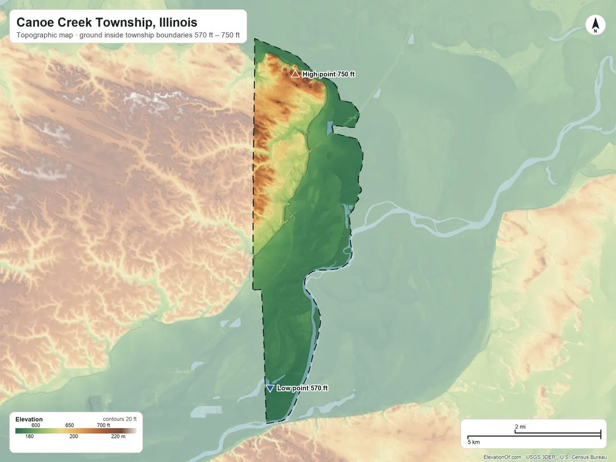 Topographic elevation map of Canoe Creek Township, Illinois, shaded from 570 ft on the south side to 750 ft on the north side