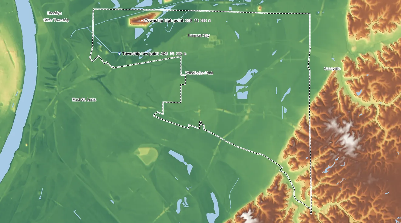 Topographic elevation map of Canteen Township, Illinois, shaded from 400 ft on the west side to 620 ft on the northwest side