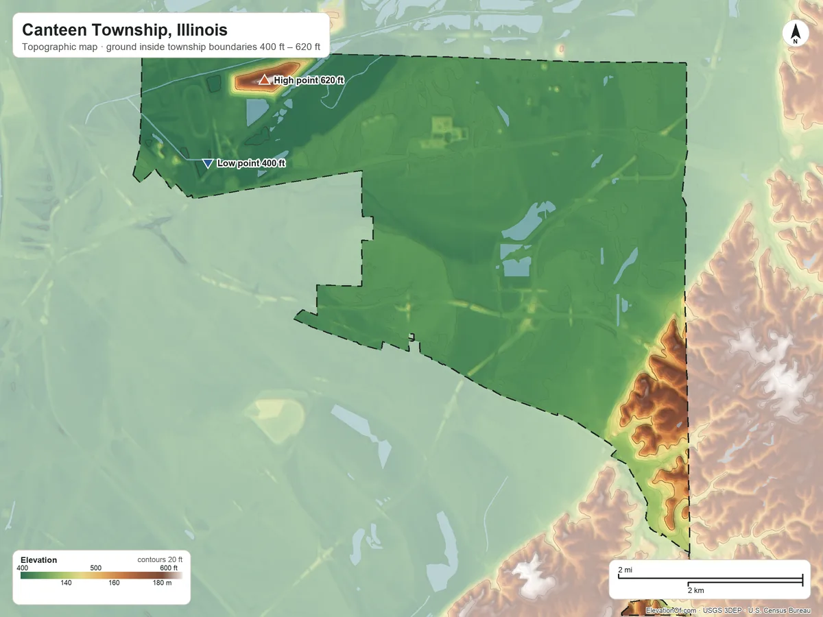 Topographic elevation map of Canteen Township, Illinois, shaded from 400 ft on the west side to 620 ft on the northwest side