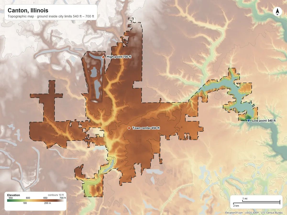Topographic elevation map of Canton, Illinois, shaded from 540 ft on the east side to 700 ft on the north side