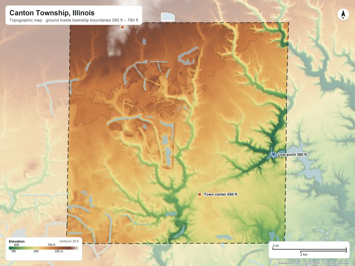 Topographic elevation map of Canton Township, Illinois, shaded from 580 ft on the northeast side to 780 ft on the northwest side