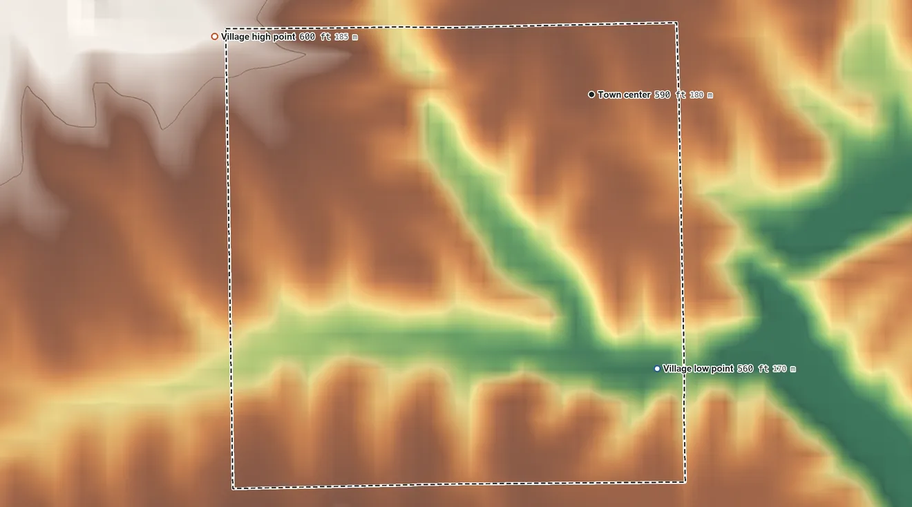 Topographic elevation map of Cantrall, Illinois, shaded from 560 ft on the south side to 600 ft on the west side
