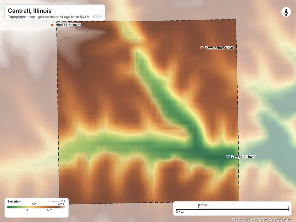 Topographic elevation map of Cantrall, Illinois, shaded from 560 ft on the south side to 600 ft on the west side
